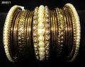 Golden Bangles w/ Bead Work, Gold Indian Set of Kadra & Bangles